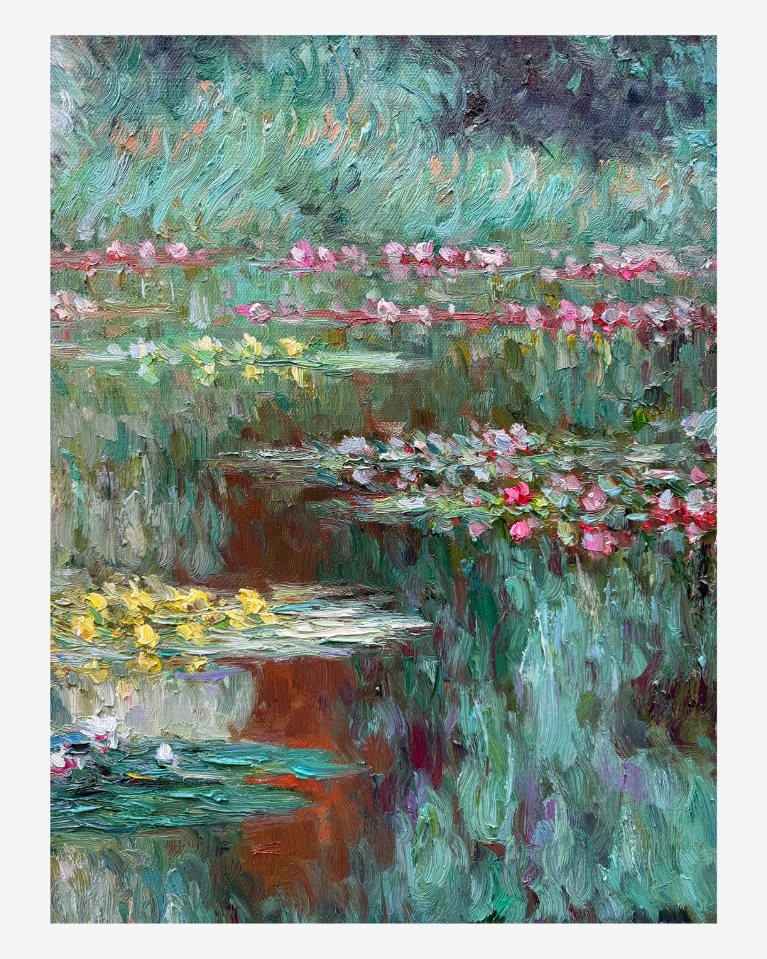 Macro shot of impressionist brushwork on Monet Water Lilies reproduction, highlighting the original-style painting technique