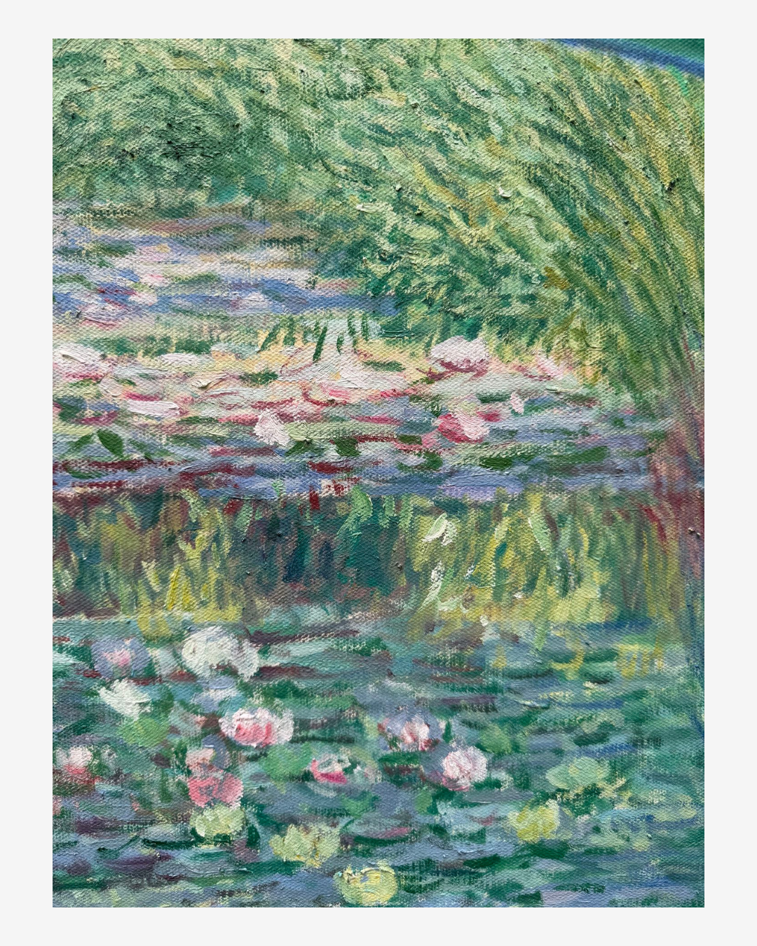 Detailed shot of the water lily pond reflections on this hand-painted Monet Japanese Footbridge oil painting