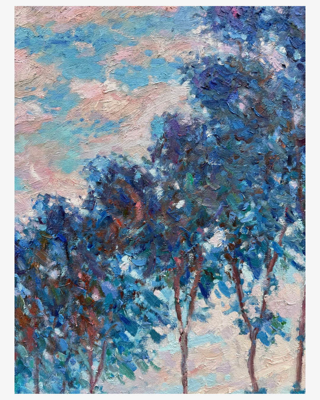 Detailed view of poplar trees and water reflections on hand-painted Monet Poplars reproduction