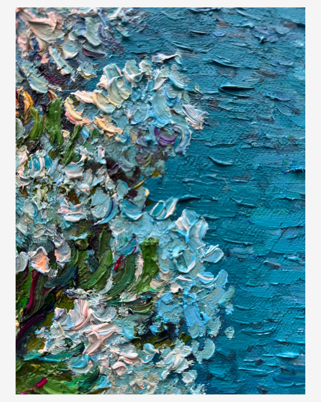 Detailed shot of yellow daisies and blue cornflowers on hand-painted Van Gogh floral reproduction