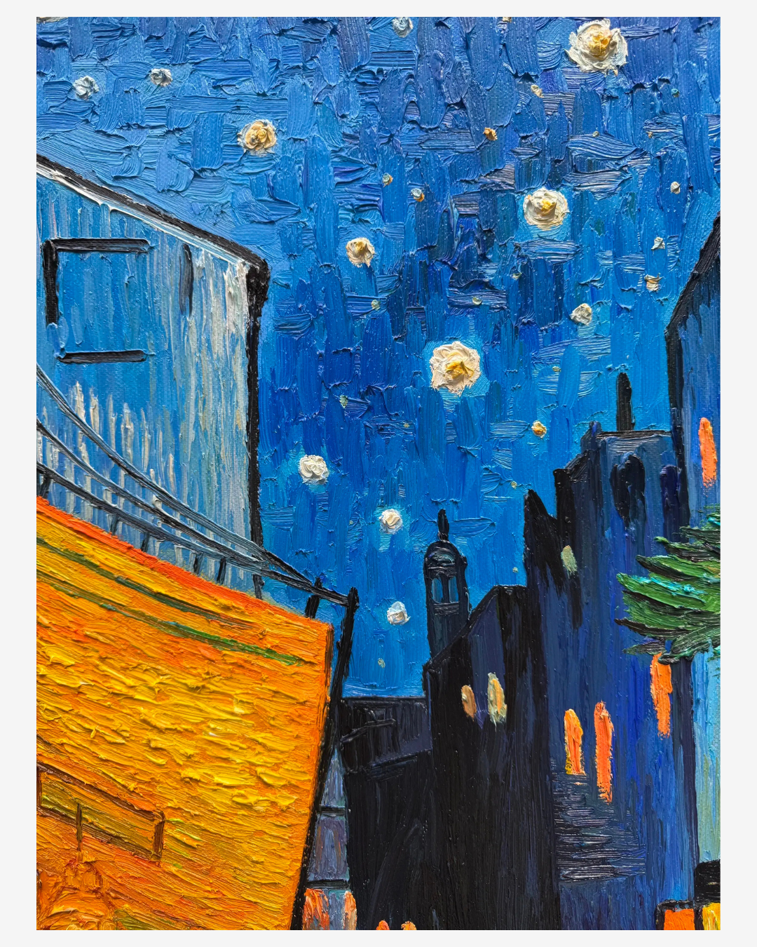 Detailed macro view of vibrant yellow and blue paint layers on Van Gogh starlight recreationchandelie