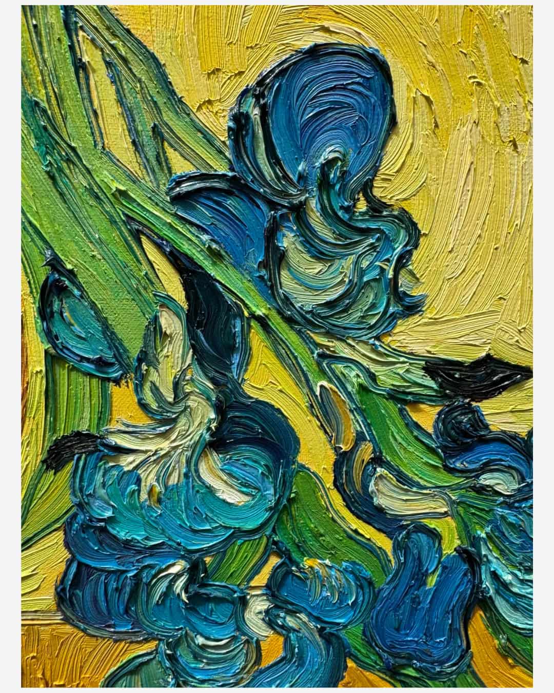 Close-up impasto brushstroke detail of Van Gogh blue iris handpainted oil painting reproduction