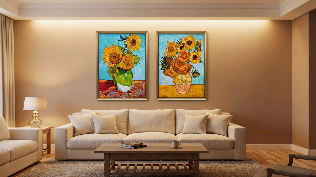 Two Van Gogh sunflower oil painting reproductions hung side by side in a warm living room — Three Sunflowers in a Vase and Sunflowers, hand-painted by Lily Daphne Studio