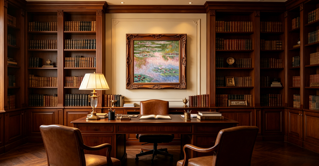 Monet Haystacks hand-painted oil painting displayed in modern living room