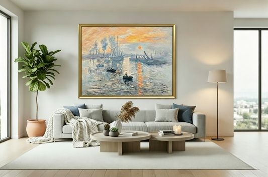 Handpainted Monet Impression Sunrise canvas wall art in modern minimalist living room