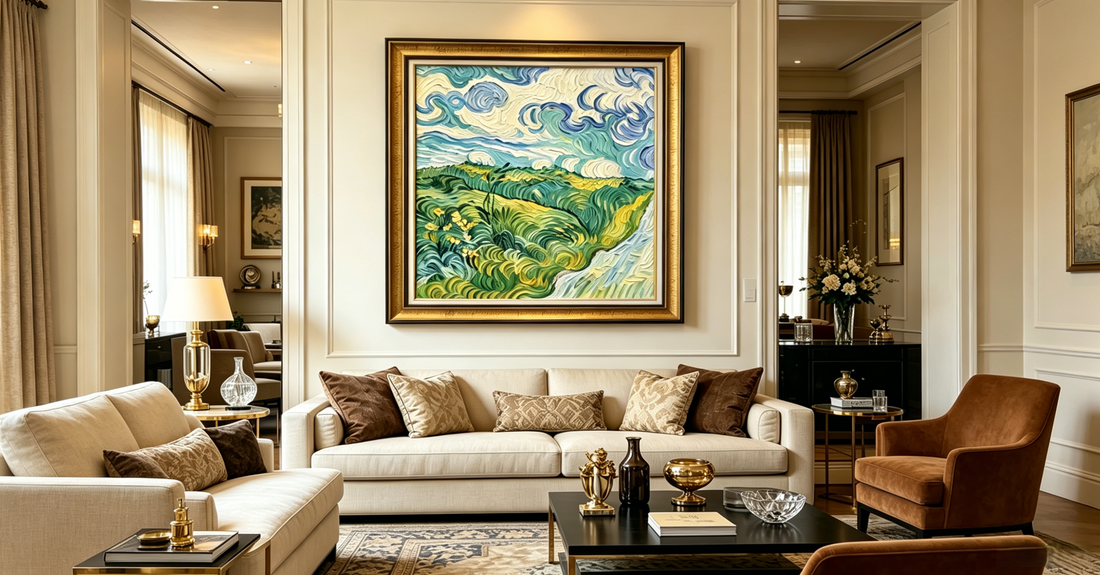 Van Gogh Green Wheat Fields at Auvers hand-painted oil painting hanging in luxury living room