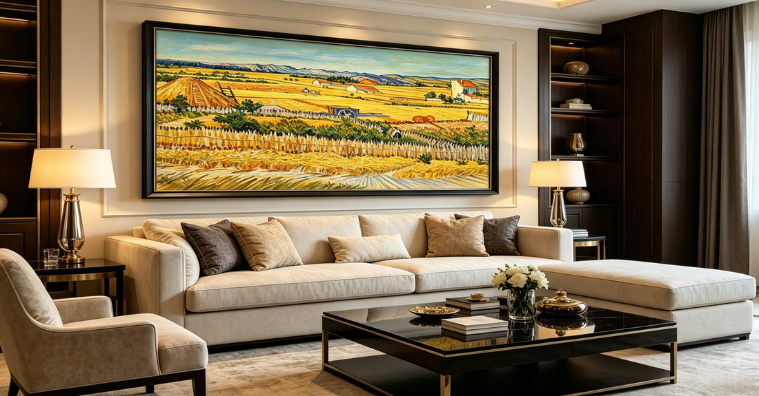 Van Gogh The Harvest hand-painted oil painting above a luxury sofa — wall art size guide by Lily Daphne Studio