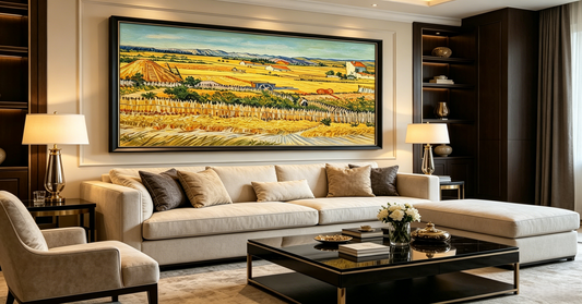 Van Gogh The Harvest hand-painted oil painting above a luxury sofa — wall art size guide by Lily Daphne Studio