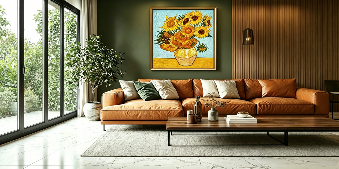 Van Gogh Sunflowers painting reproduction hanging above a leather sofa in a modern living room