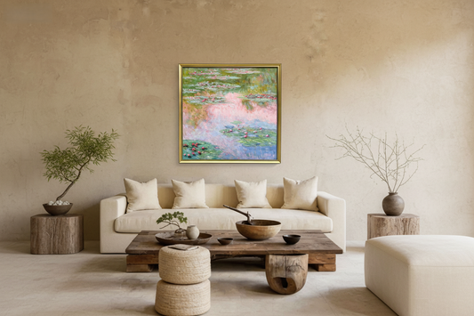 Hand-painted Monet Water Lilies oil painting in a gold frame hangs on a textured neutral wall in a serene wabi-sabi living room, featuring a cream sofa, reclaimed wood coffee table and minimalist natural decor.