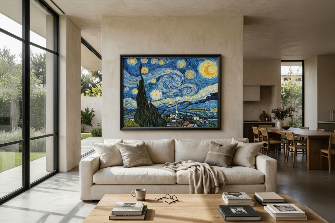 Framed hand-painted Van Gogh Starry Night canvas displayed in a warm wabi-sabi living room with a beige sofa, wooden coffee table and large floor-to-ceiling windows.