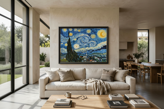 Framed hand-painted Van Gogh Starry Night canvas displayed in a warm wabi-sabi living room with a beige sofa, wooden coffee table and large floor-to-ceiling windows.