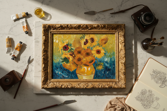Van Gogh Sunflowers hand-painted oil painting reproduction in ornate gold carved wood frame — how to choose the right frame for oil paintings