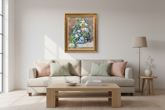 Renoir Vase of Spring Flowers hand-painted oil painting reproduction in a gold frame, styled in an elegant home interior