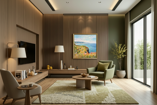 Monet Coastal Cliff hand-painted oil painting reproduction displayed in a modern living room with warm wood panel walls and elegant minimalist furniture