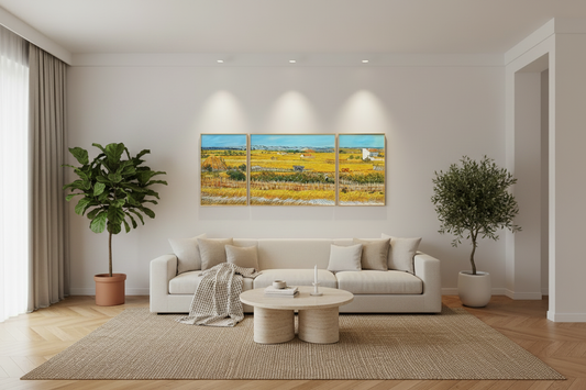 Van Gogh Harvest wheat field painting displayed as a triptych in a warm living room — handpainted oil on canvas, custom size