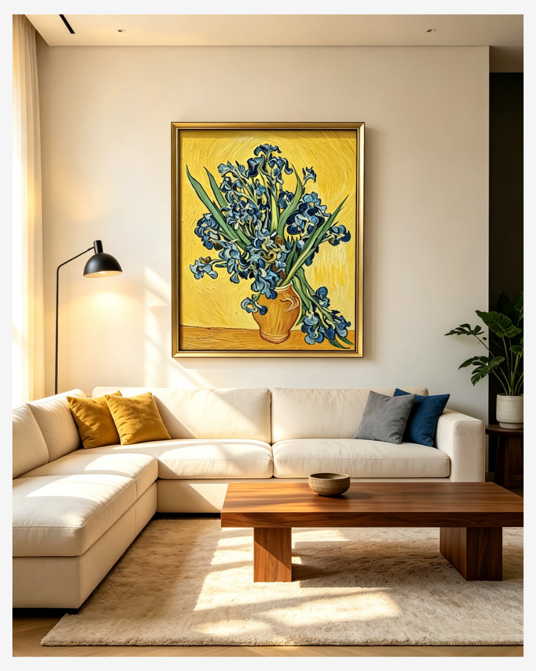 Van Gogh Irises floral canvas wall art above sofa in warm neutral modern living room home decor