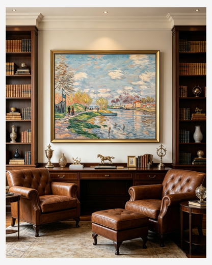 Framed Monet Spring by the Seine painting hanging in an elegant home office, serene riverside wall decor