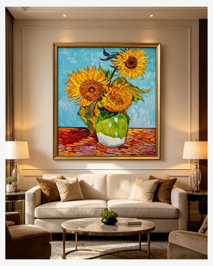 Close-up of impasto brushwork detail on Van Gogh Three Sunflowers in a Vase oil painting reproduction