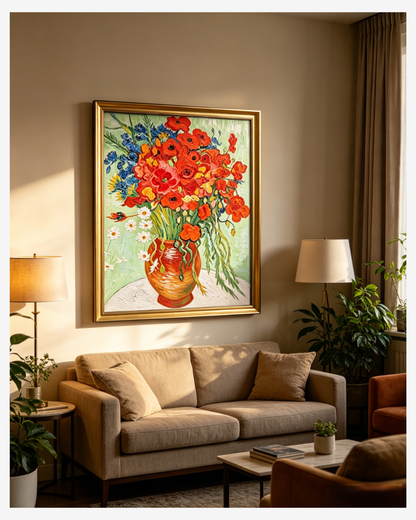 Framed Van Gogh Poppies and Daisies painting hanging in an elegant living room, vibrant floral wall decor