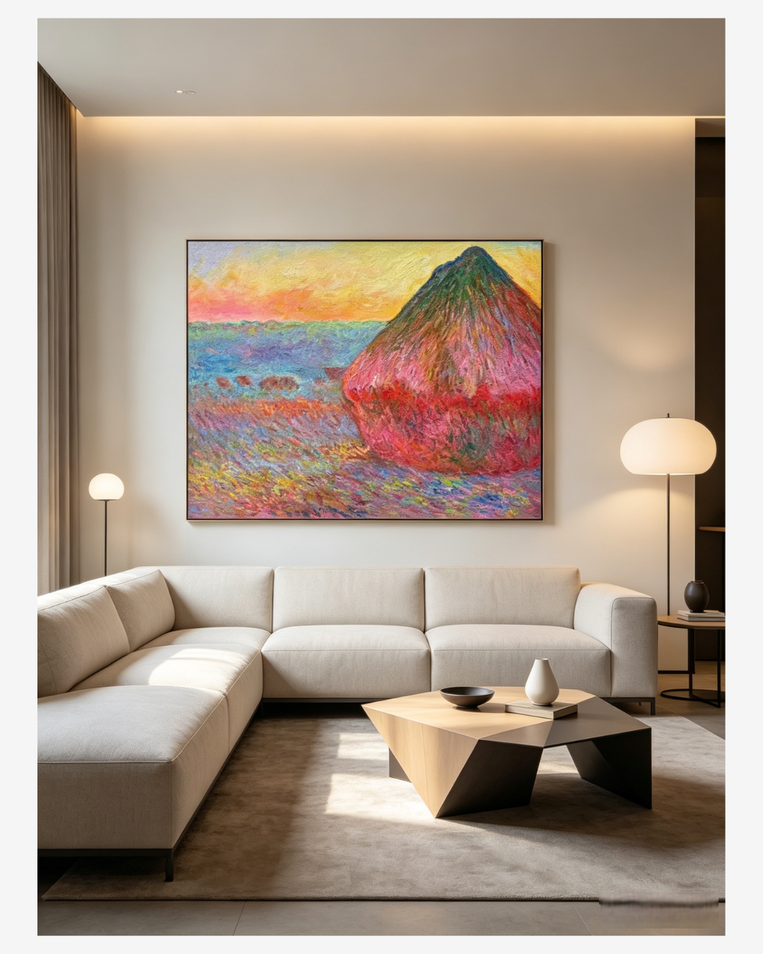 Monet Haystacks oil paintingabove a modern beige sectional sofain a luxury minimalist living room