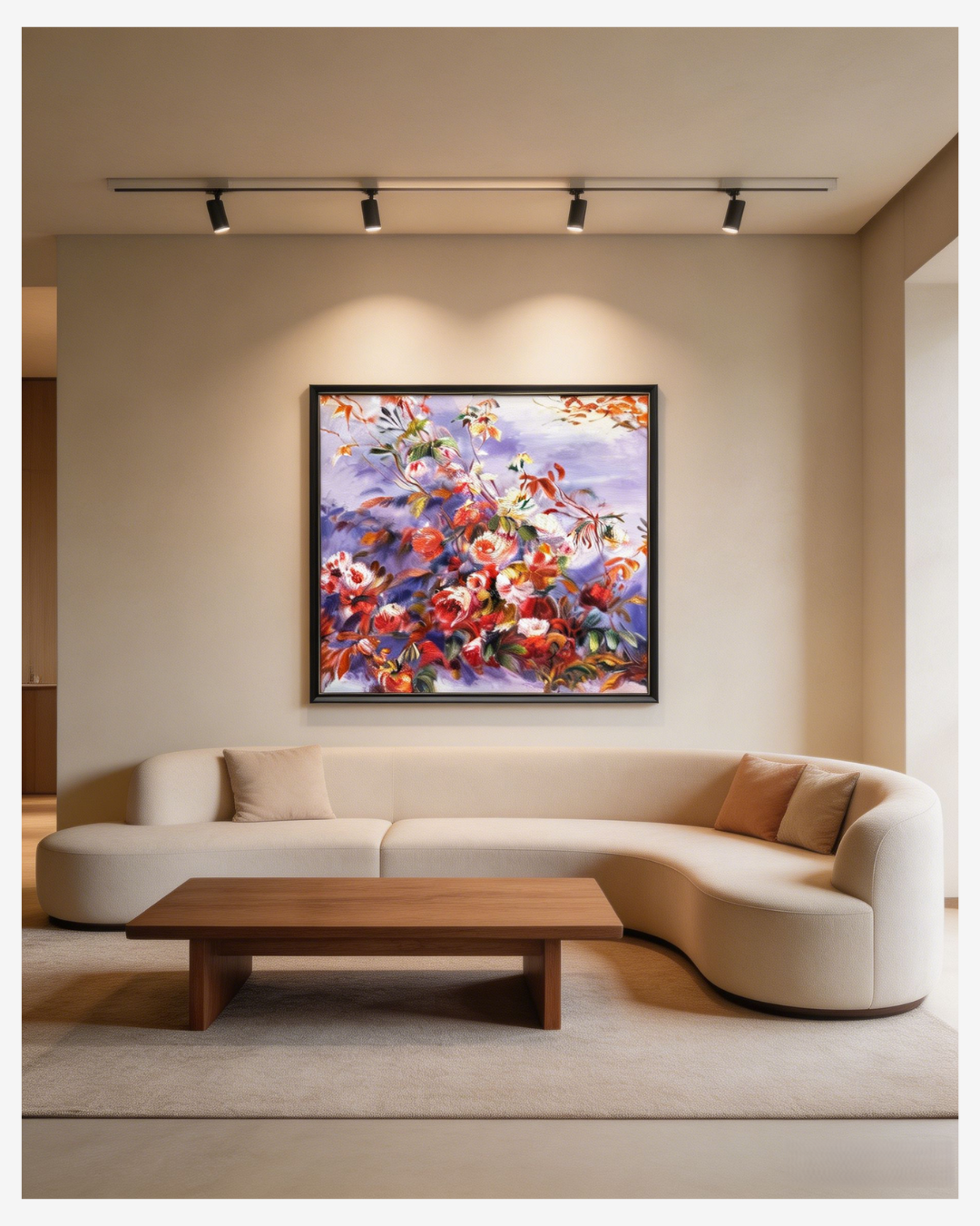 Renoir Roses at the Window wall art in modern neutral living room