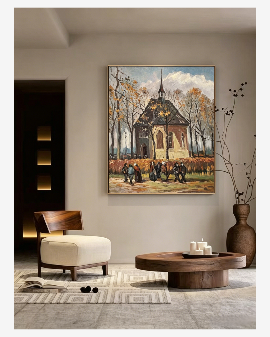 Van Gogh Church at Nuenen oil painting hanging in modern minimalist living room