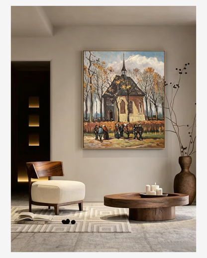 Van Gogh Church at Nuenen oil painting hanging in modern minimalist living room