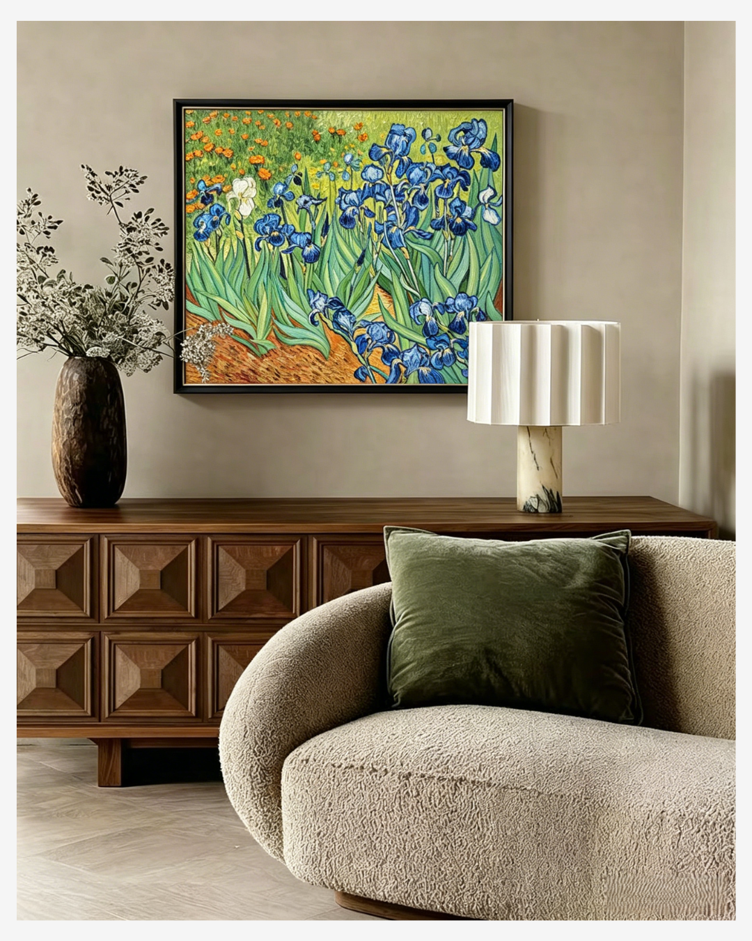 Van Gogh Irises handmade oil painting hanging on living room sideboard wall, modern home interior decor