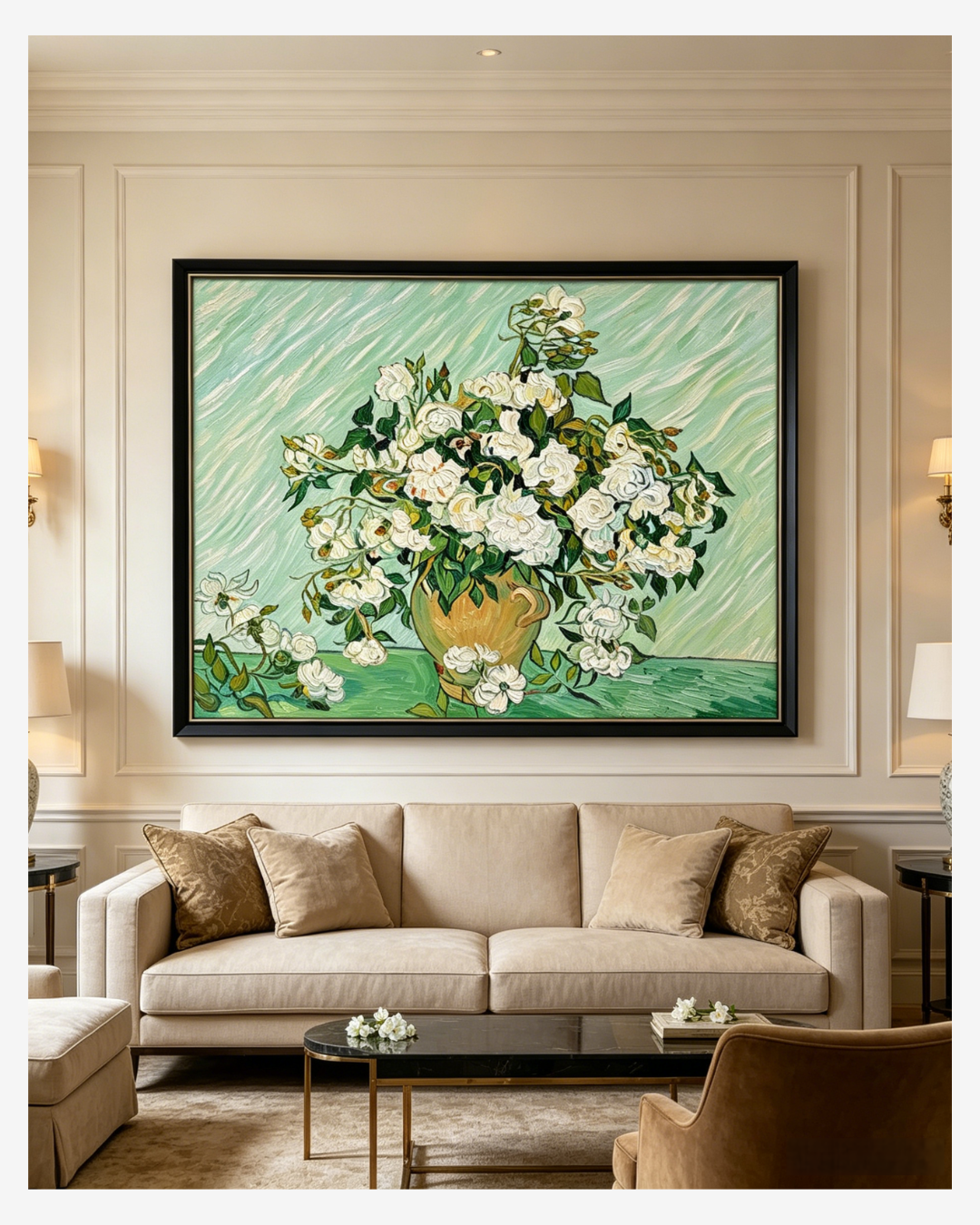 Framed Van Gogh White Roses painting hanging in an elegant living room, soft floral wall decor