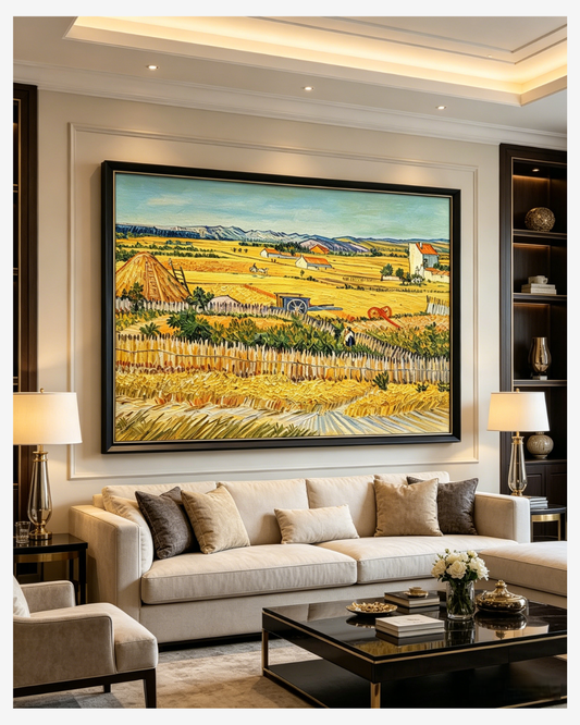 Framed Van Gogh The Harvest painting hanging in an elegant living room, vibrant countryside wall decor