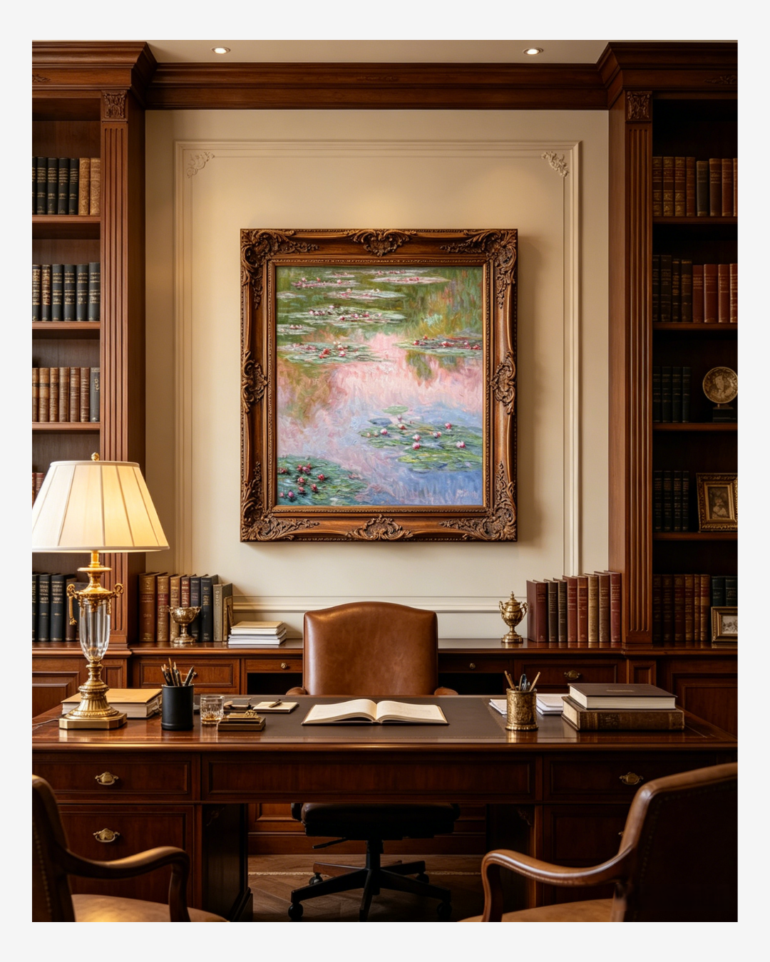 Framed Monet pink water lilies painting hanging in an elegant home office, serene impressionist decor