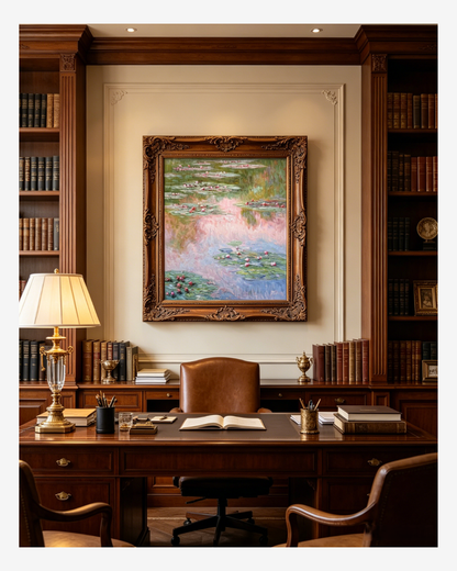 Framed Monet pink water lilies painting hanging in an elegant home office, serene impressionist decor