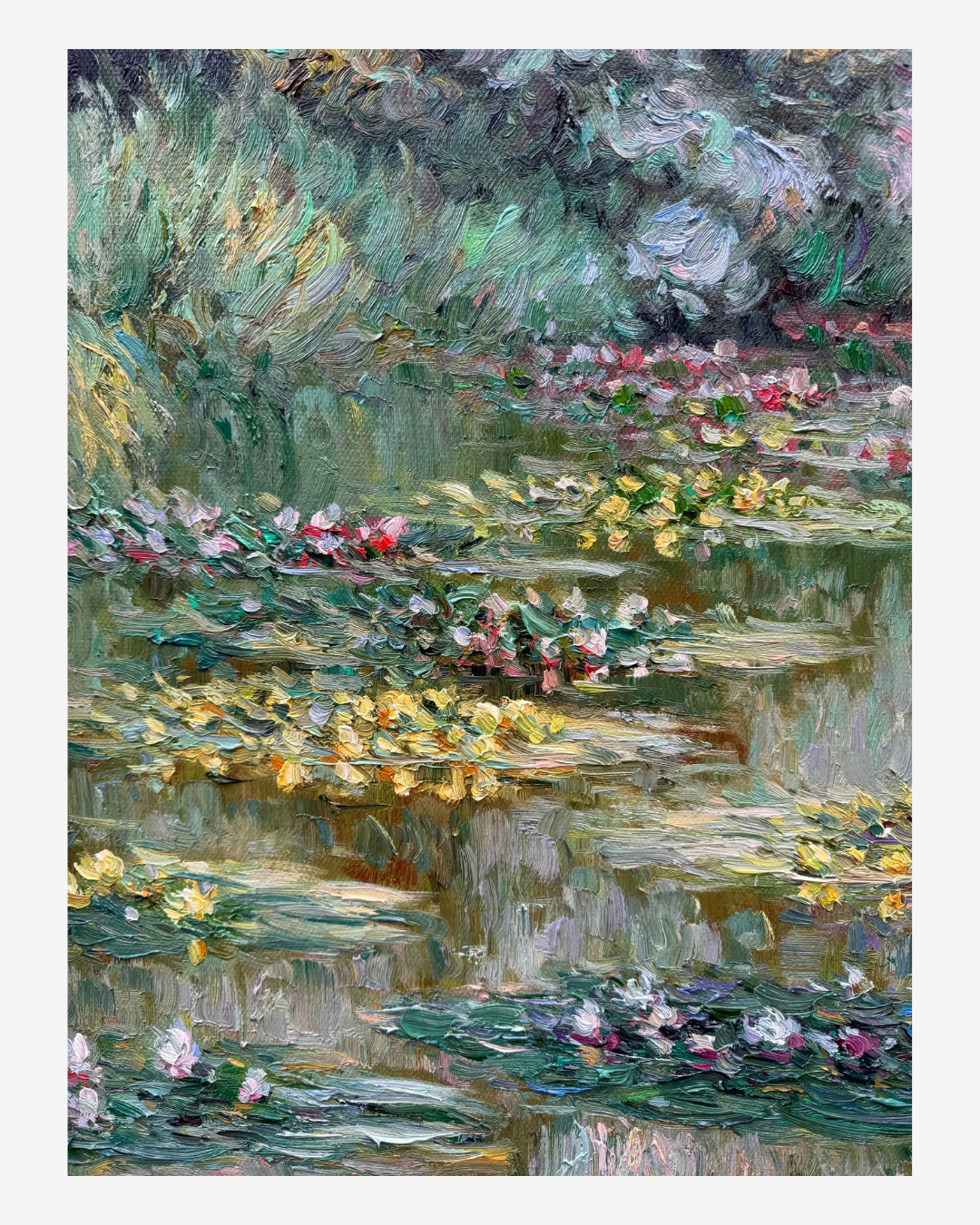 Close-up of soft, textured brushstrokes on hand-painted Monet Water Lilies oil painting, showing the vibrant color details