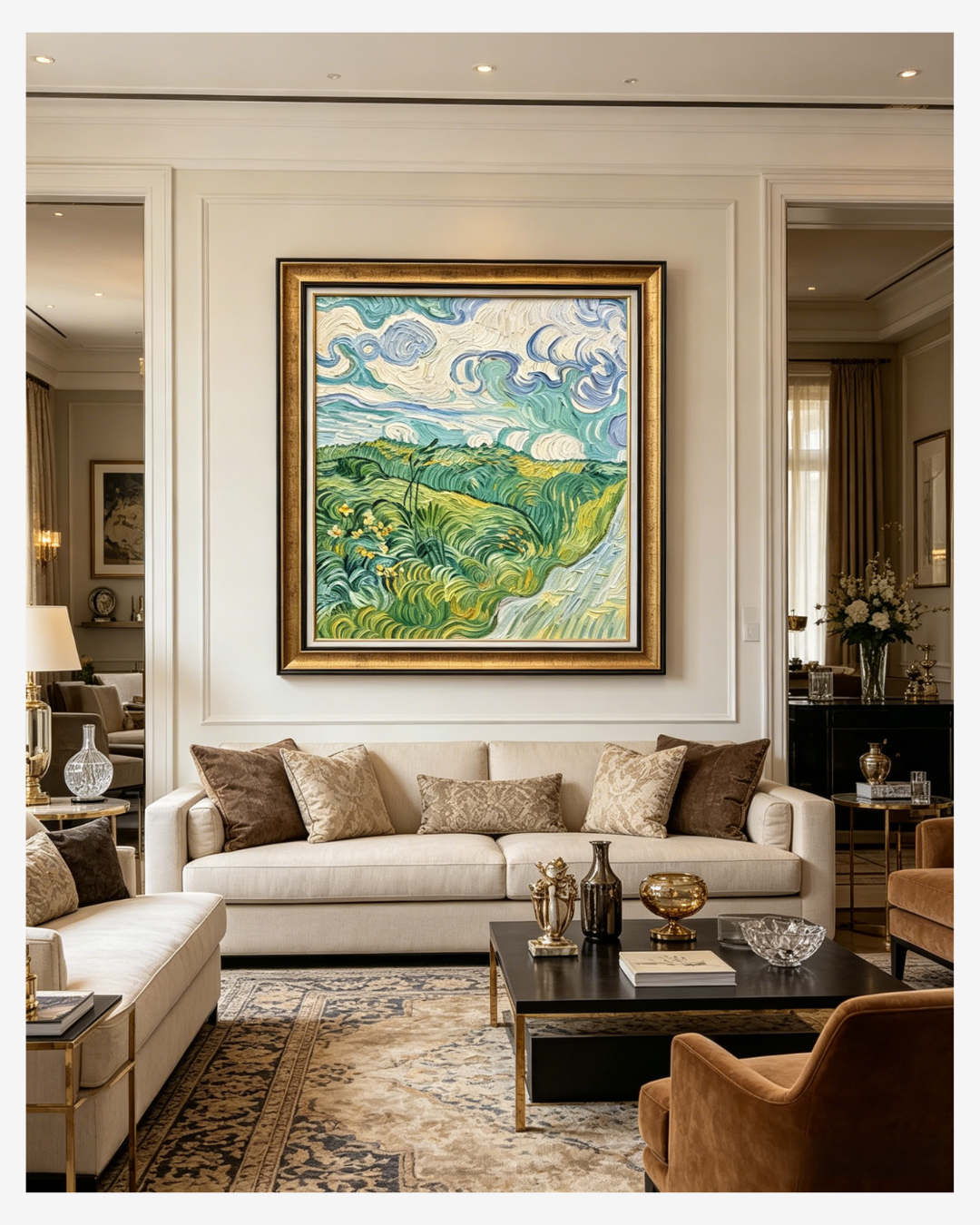 Framed Van Gogh Green Wheat Fields painting hanging in an elegant living room, vibrant countryside wall decor