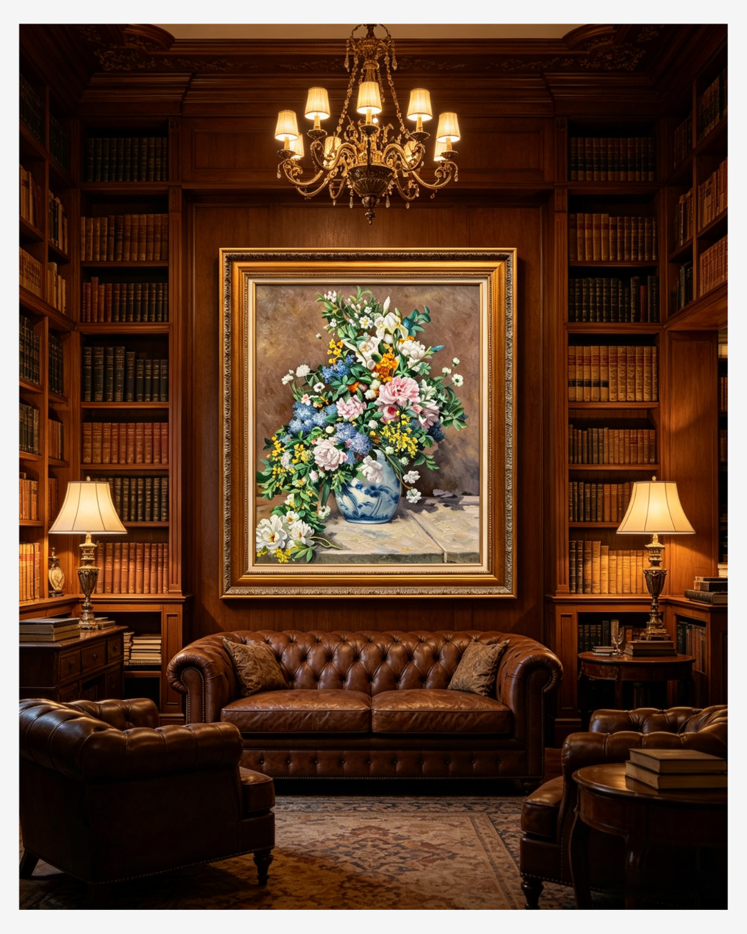 Framed Renoir peony and hydrangea painting hanging in an elegant home library, classic floral wall decor