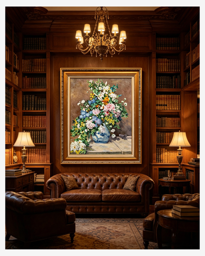 Framed Renoir peony and hydrangea painting hanging in an elegant home library, classic floral wall decor