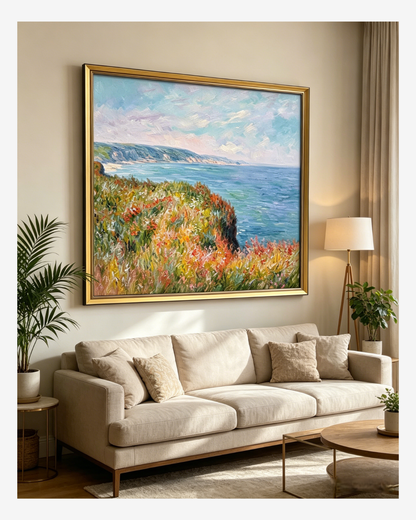 Framed Monet Cliffs at Pourville painting hanging in an elegant living room, coastal impressionist decor