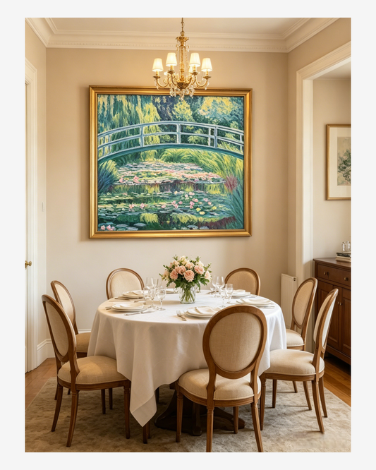 Framed Monet Japanese Footbridge oil painting hanging in an elegant dining room, classic garden-themed wall decor