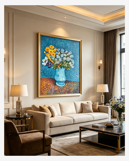Framed Van Gogh Cornflowers and Daisies painting hanging in an elegant living room, bold blue floral wall decor