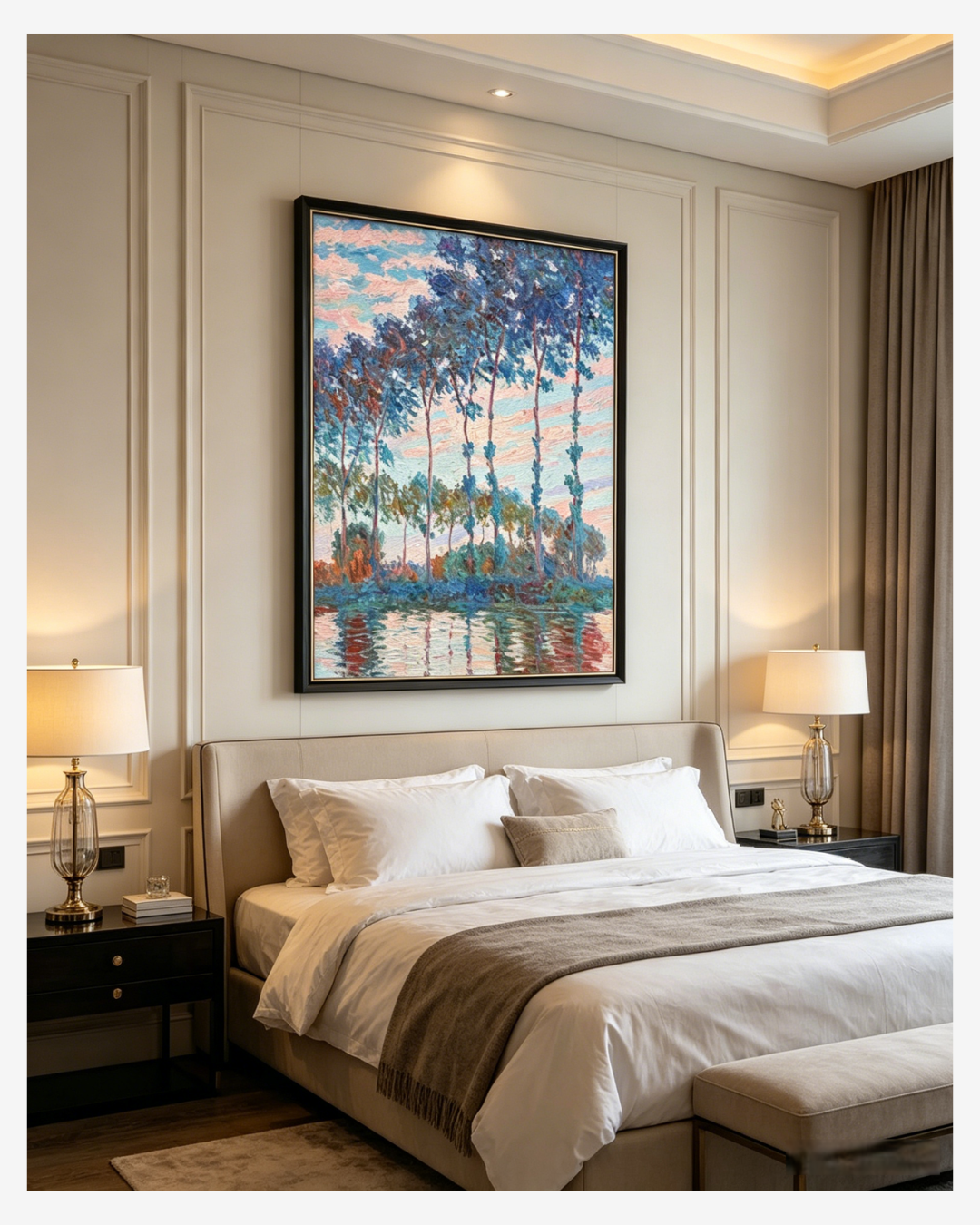 Monet Poplars on the Epte canvas art displayed in a cozy bedroom, bringing serene nature vibes