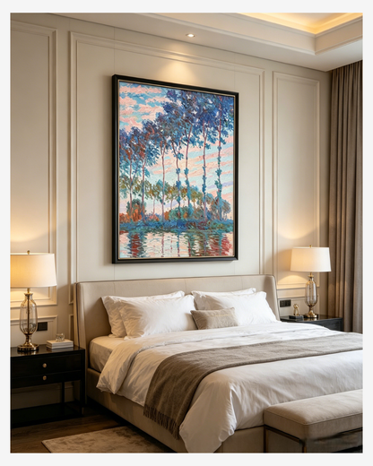 Monet Poplars on the Epte canvas art displayed in a cozy bedroom, bringing serene nature vibes