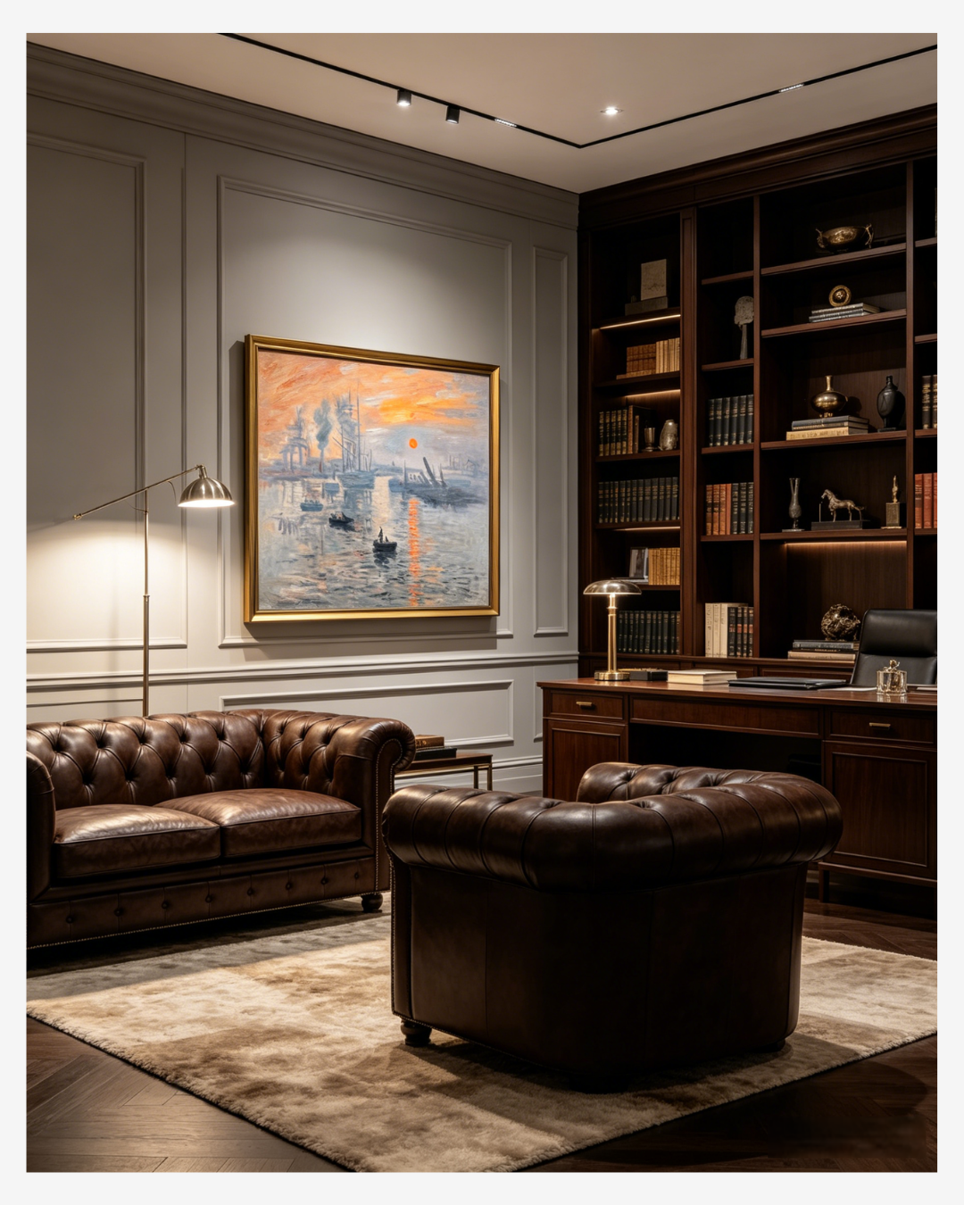  Monet Impression Sunrise oilpainting hanging in a luxuryexecutive home library with leathersofas