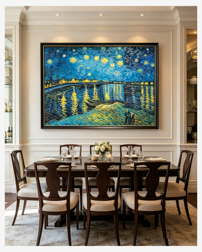 Framed Van Gogh Starry Night Over the Rhône painting hanging in an elegant dining room, luminous night sky wall decor
