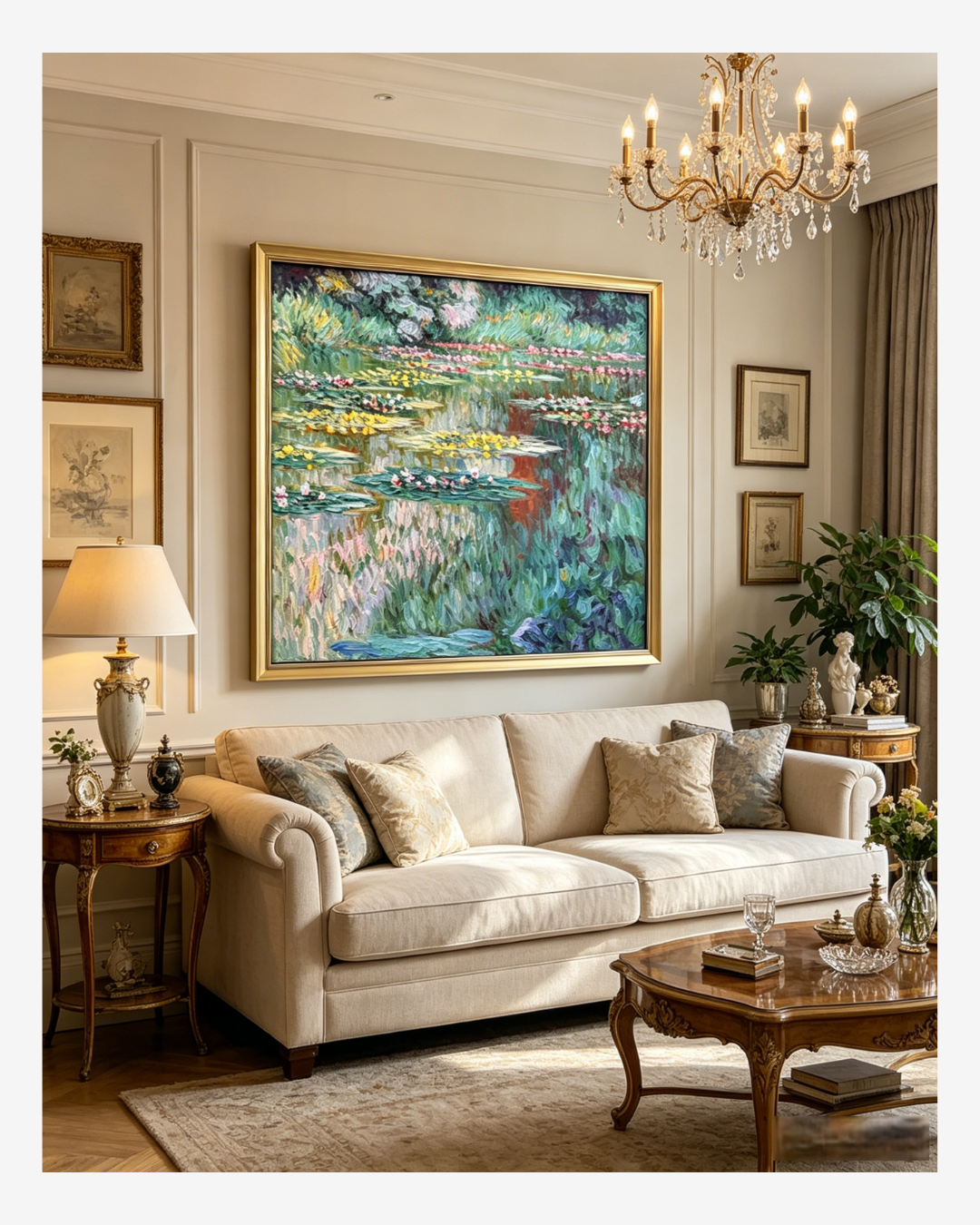 Framed Monet Water Lilies oil painting hanging in an elegant living room, classic impressionist wall decor