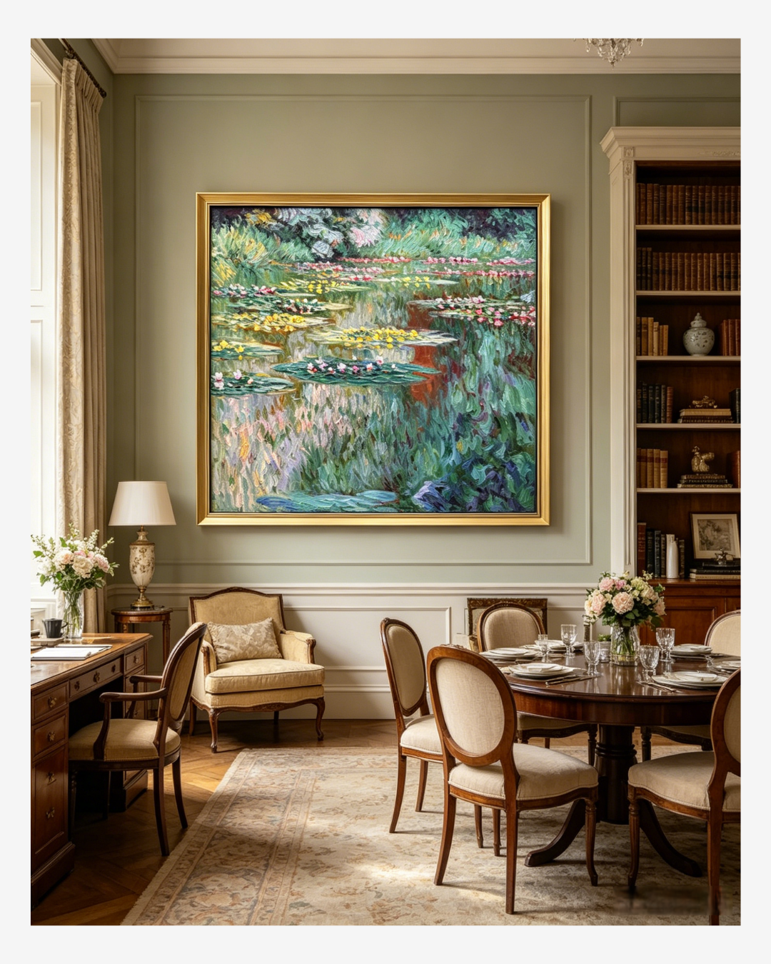 Monet Water Lilies oil painting reproduction displayed in a classic dining room, adding a touch of timeless art