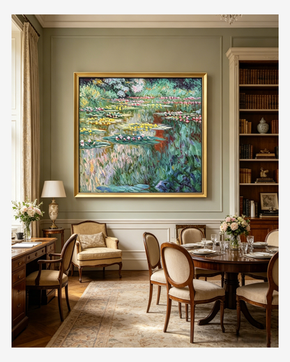 Monet Water Lilies oil painting reproduction displayed in a classic dining room, adding a touch of timeless art