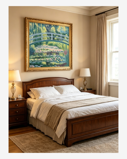 Monet The Japanese Footbridge canvas painting displayed in a cozy bedroom, bringing serene garden vibes to your space