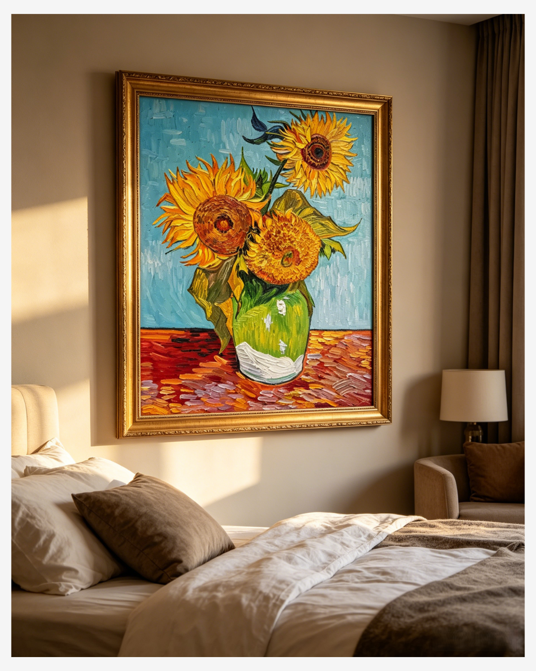 Van Gogh Three Sunflowers in a Vase hand-painted canvas – side profile showing texture and depth