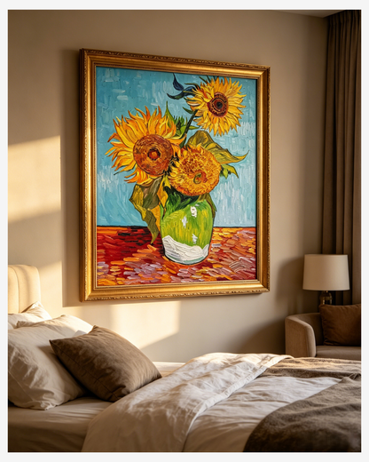 Van Gogh Three Sunflowers in a Vase hand-painted canvas – side profile showing texture and depth